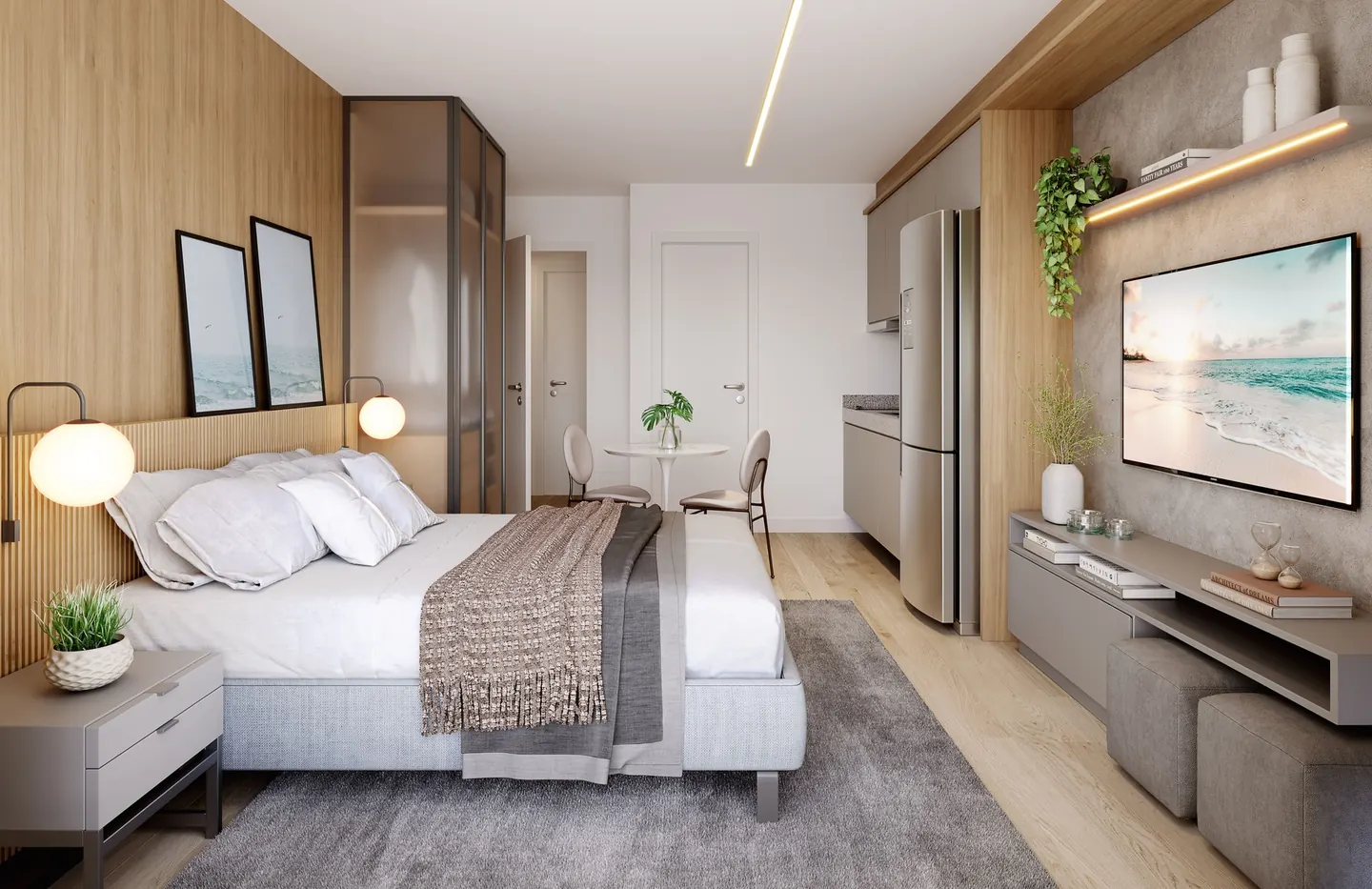 Studio decorado de referência usado para contextualizar possibilidades de ocupação compacta