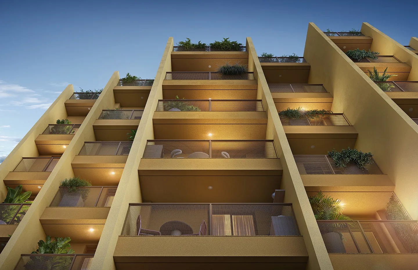 Perspectiva ilustrativa noturna da fachada do Erê Residencial