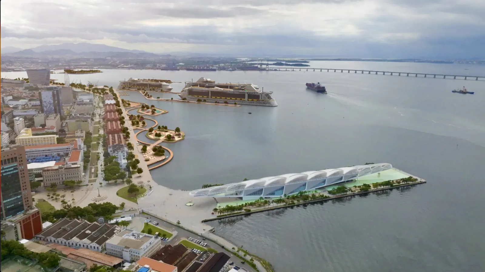 Perspectiva oficial do projeto Parque do Porto com ilhas flutuantes e ciclovia diante da Baía de Guanabara