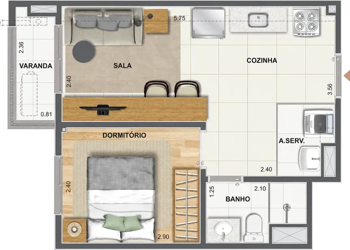 Planta ilustrativa de referência para apartamento de um quarto