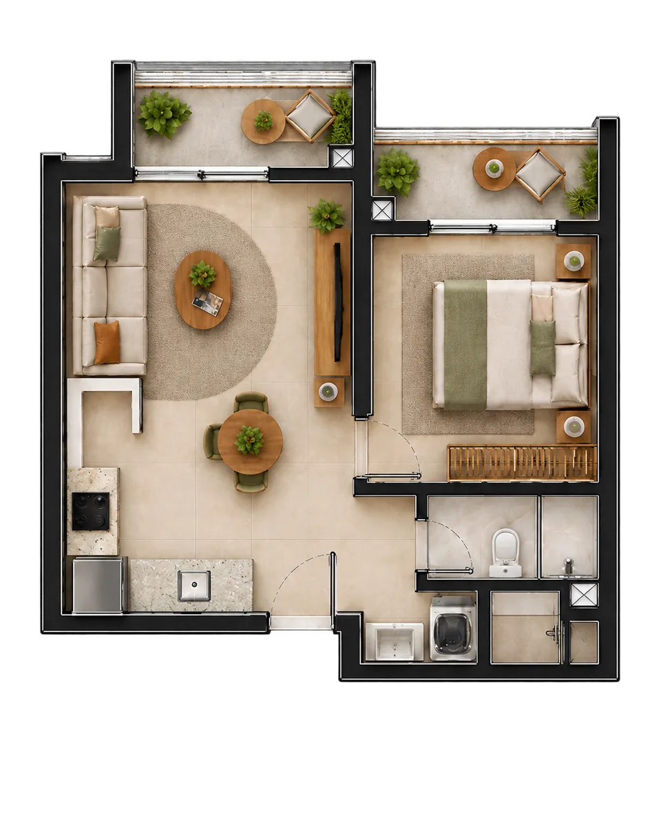 Planta ilustrada de um quarto com 38,26 metros quadrados