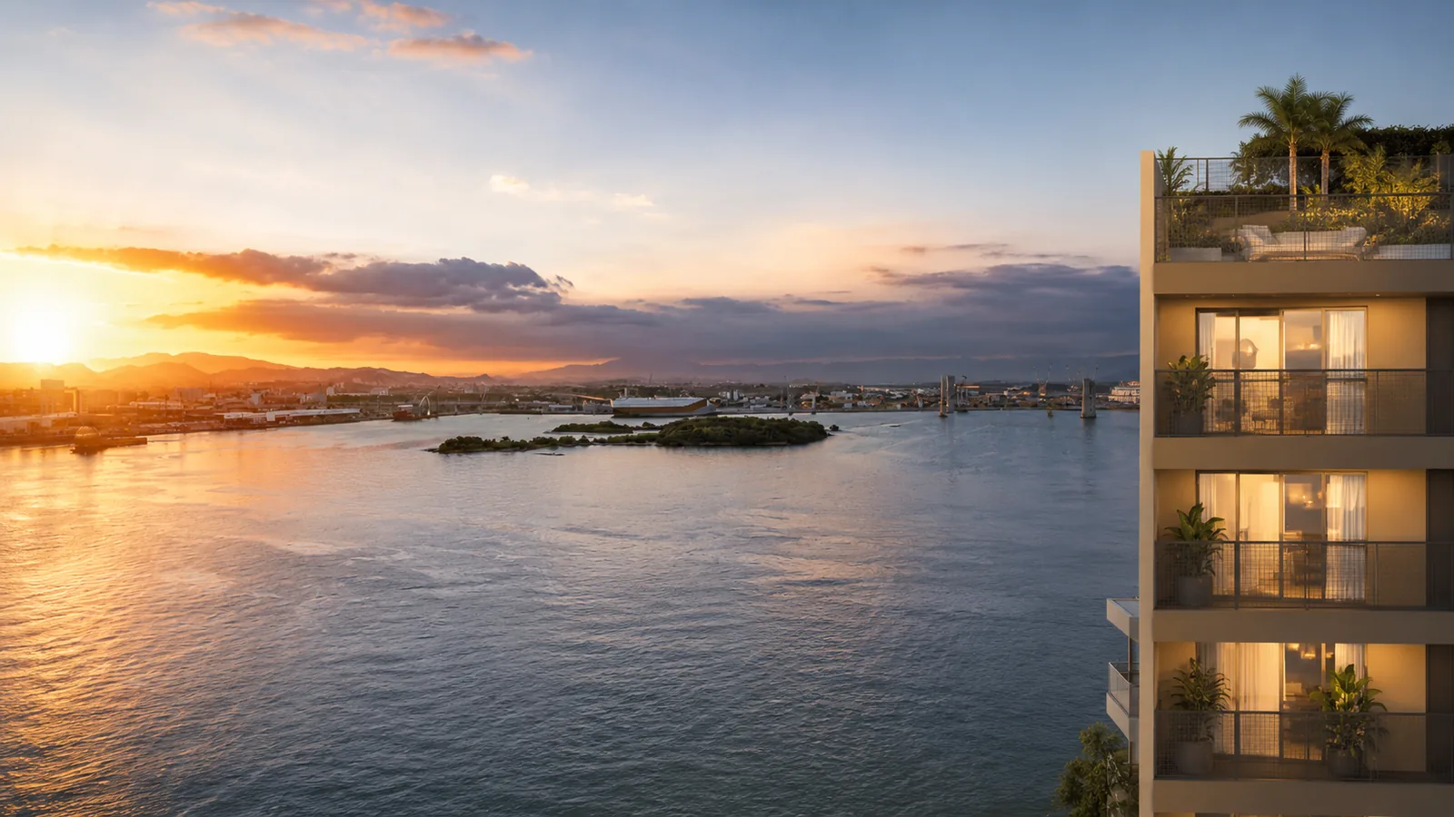 Imagem ilustrativa de um residencial diante da Baía na Região Portuária do Rio